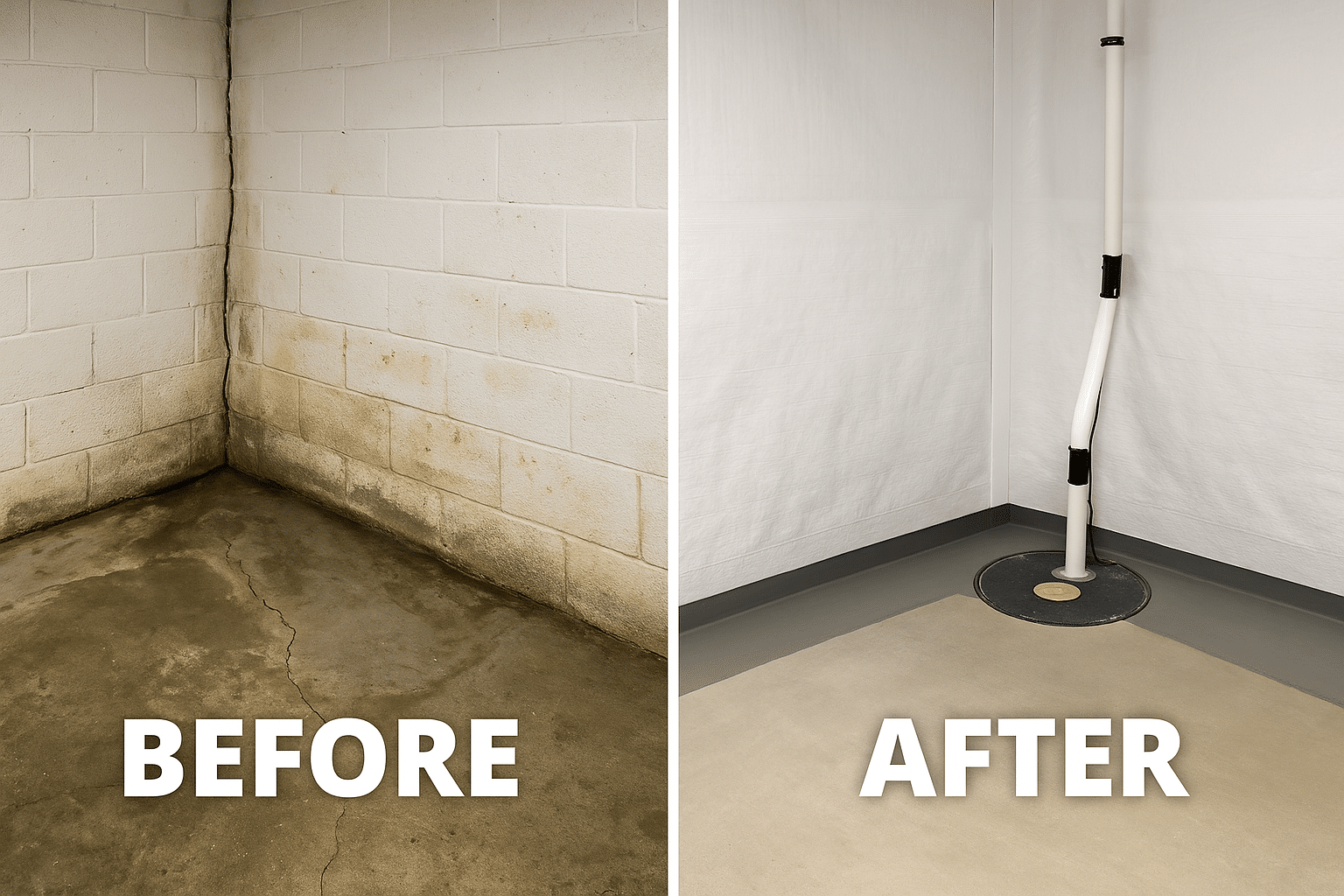 Before and after basement waterproofing